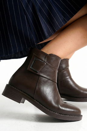 Moda Lime Kadın Acı Kahve Deri Görünümlü Rahat Günlük Tokalı Bot