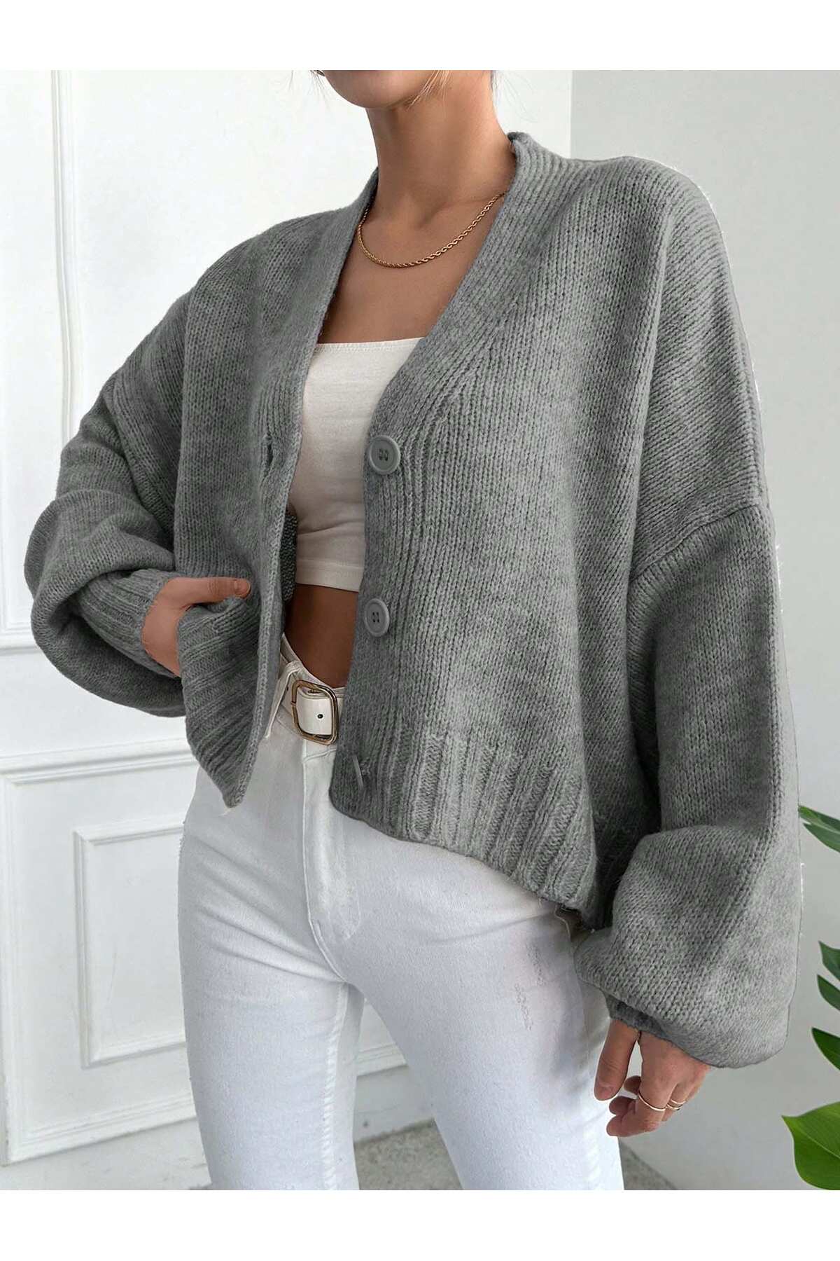 ALTINER TRİKO  KADIN GRİ RENK OVERSİZE TRİKO HIRKA - Görsel 2