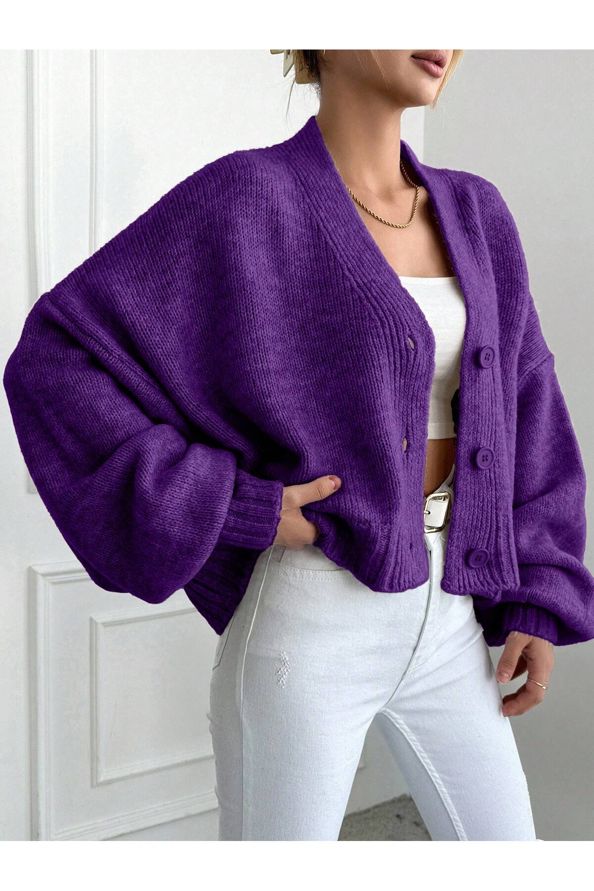 ALTINER TRİKO  KADIN MOR RENK OVERSİZE TRİKO HIRKA