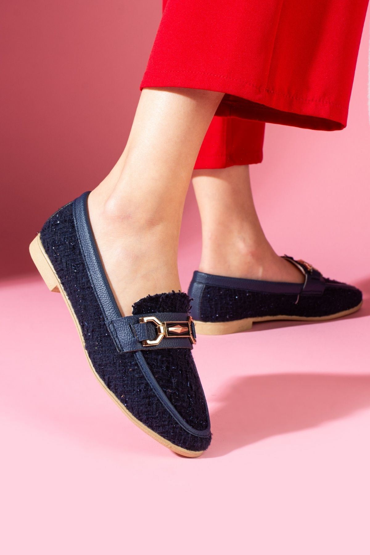 FUGA MODA  Cassia Lacivert Simli Kumaş Gold Zincir Aksesuarlı Loafer Babet - Görsel 4