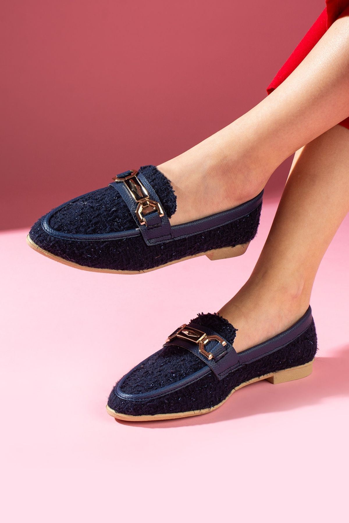 FUGA MODA  Cassia Lacivert Simli Kumaş Gold Zincir Aksesuarlı Loafer Babet - Görsel 2