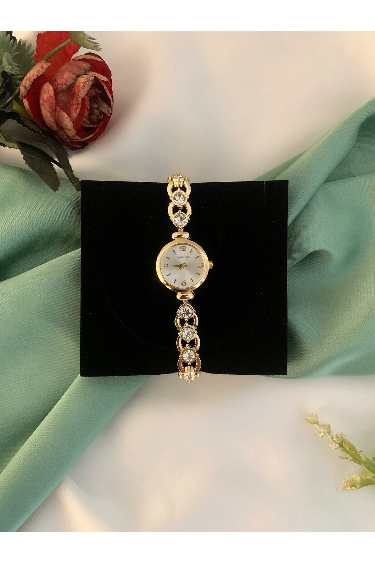 Choppers Gold Zincir Taş Kordon Zarif Vintage Kadın Saat Hediye Kutusunda görsel 3