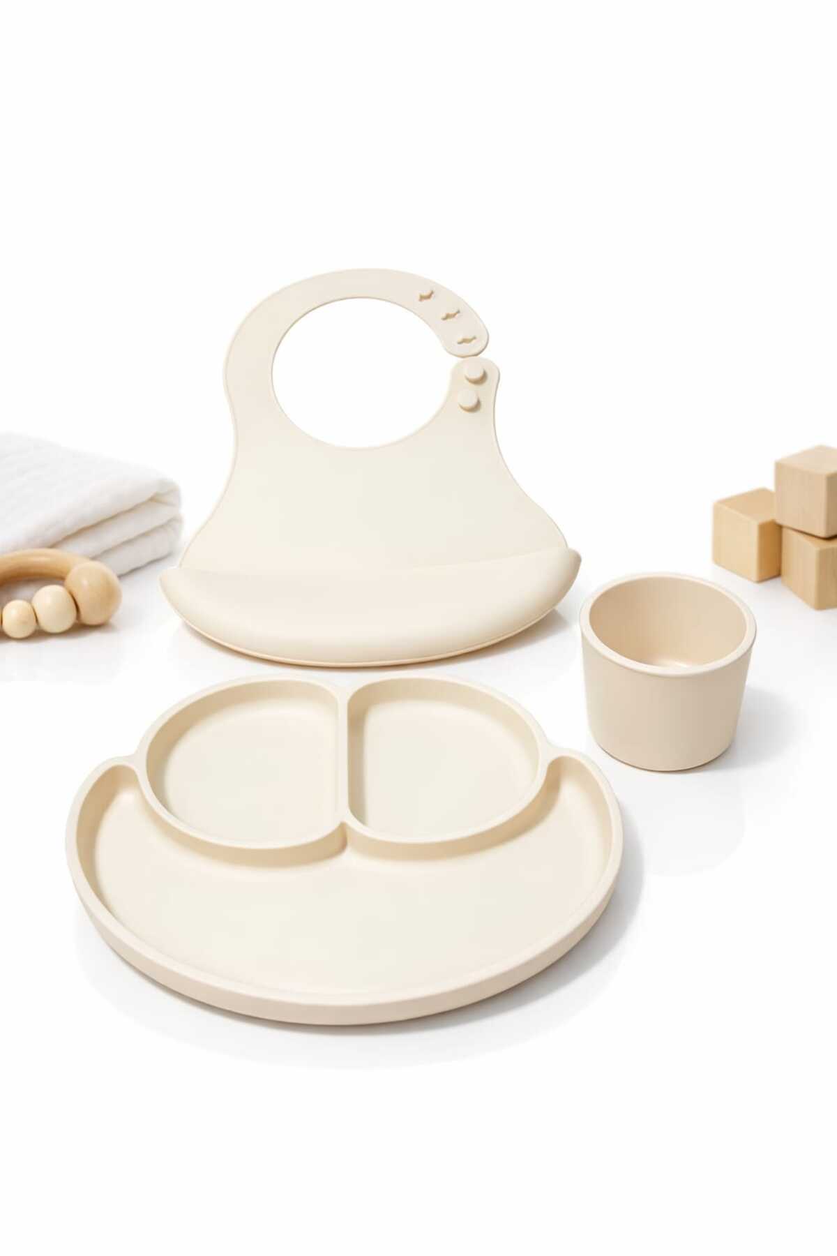 CKM silikon 3Lü Bebek Beslenme Seti Krem( Mama tabağı, Bardak, Önlük) fotoğrafı 2 (önizleme)