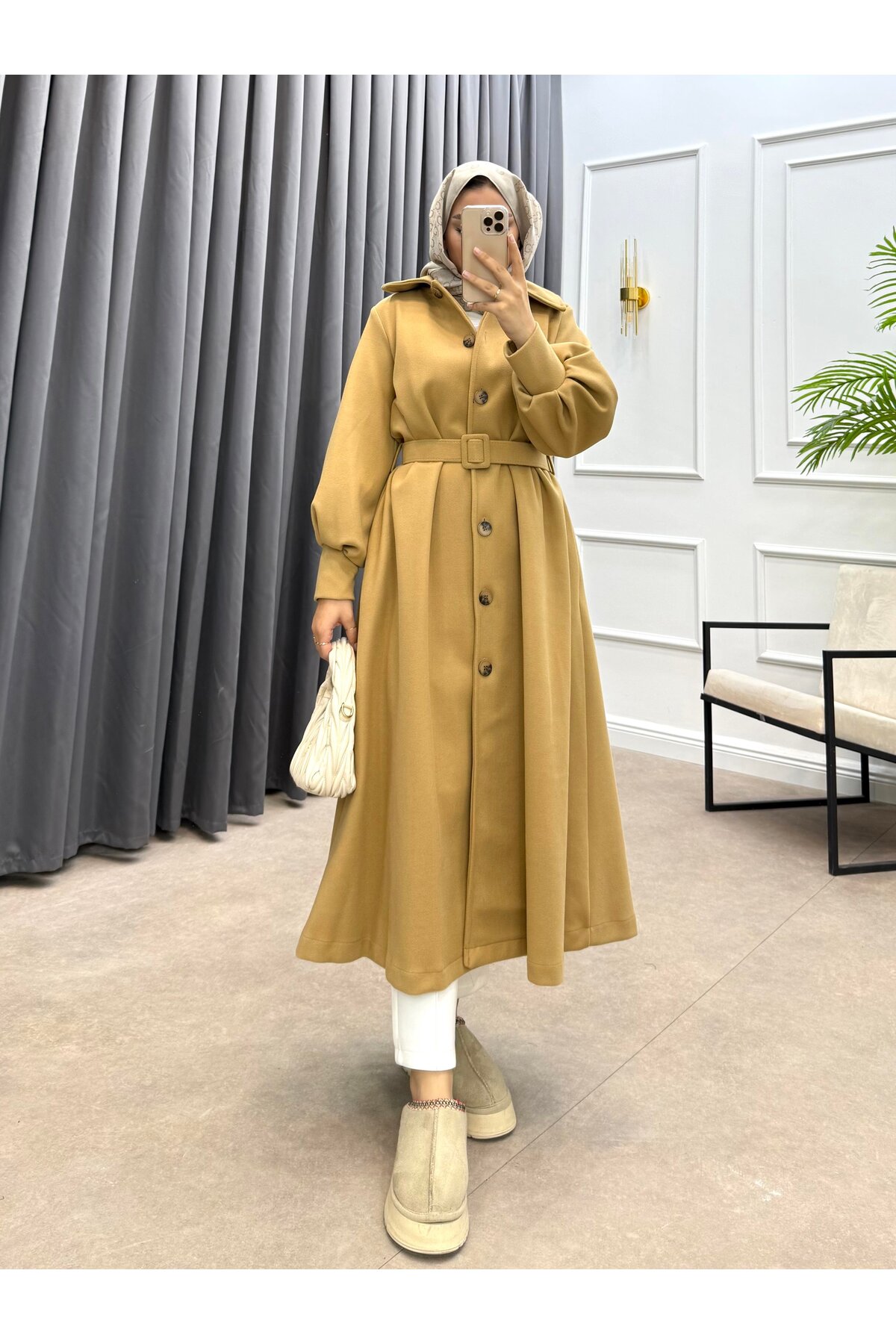 bezenstore Kol Manjetli Kaşe Kaban Camel