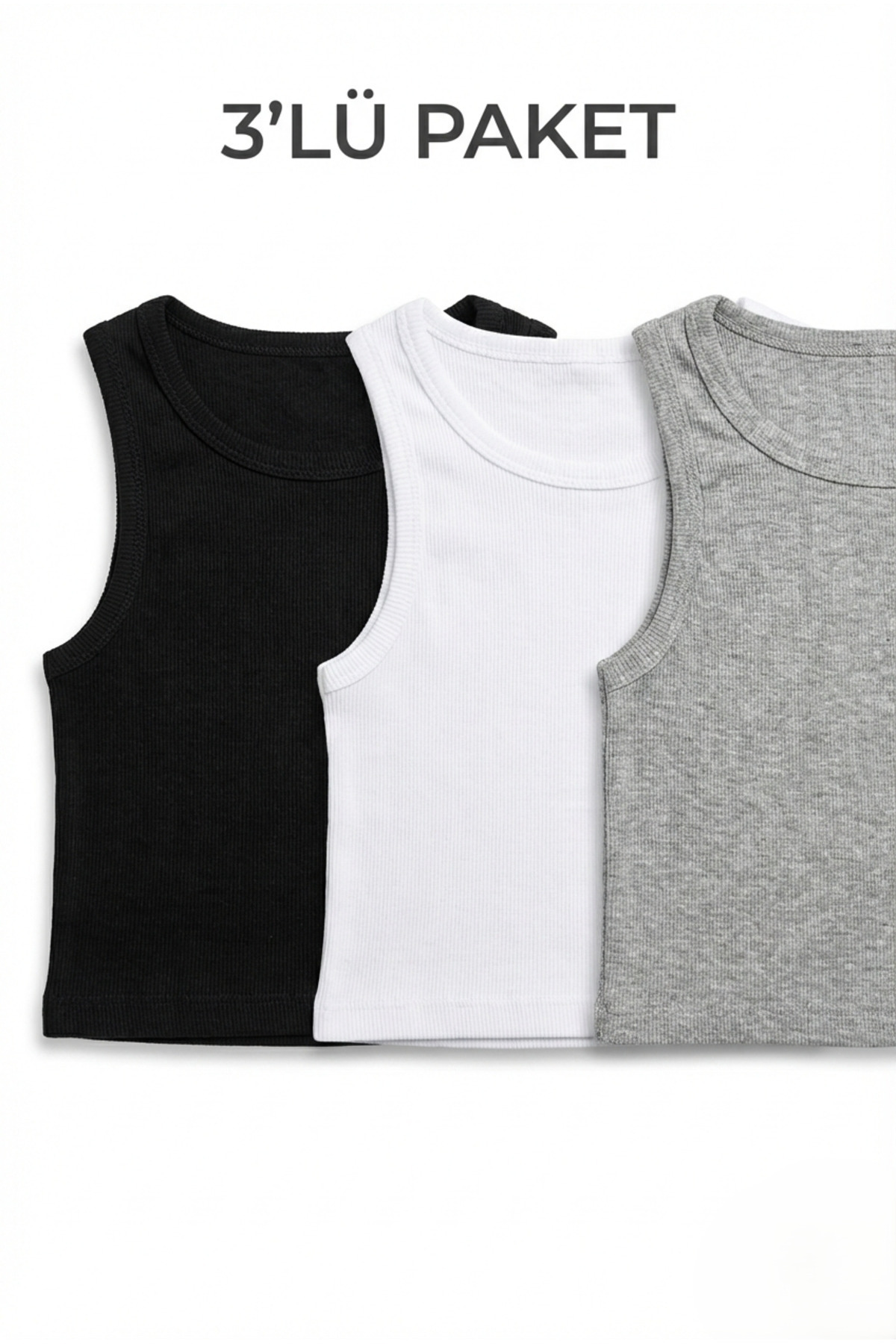 3’lü Paket Fitilli Kaşkorse Bisiklet Yaka Crop Atlet (Siyah-Beyaz-Gri Melanj)