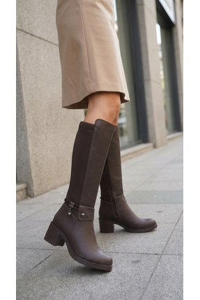 Moda Lime Kadın Kahverengi Esnek Streç Diz Altı Tokalı Fermuarlı Kalın Topuk ...
