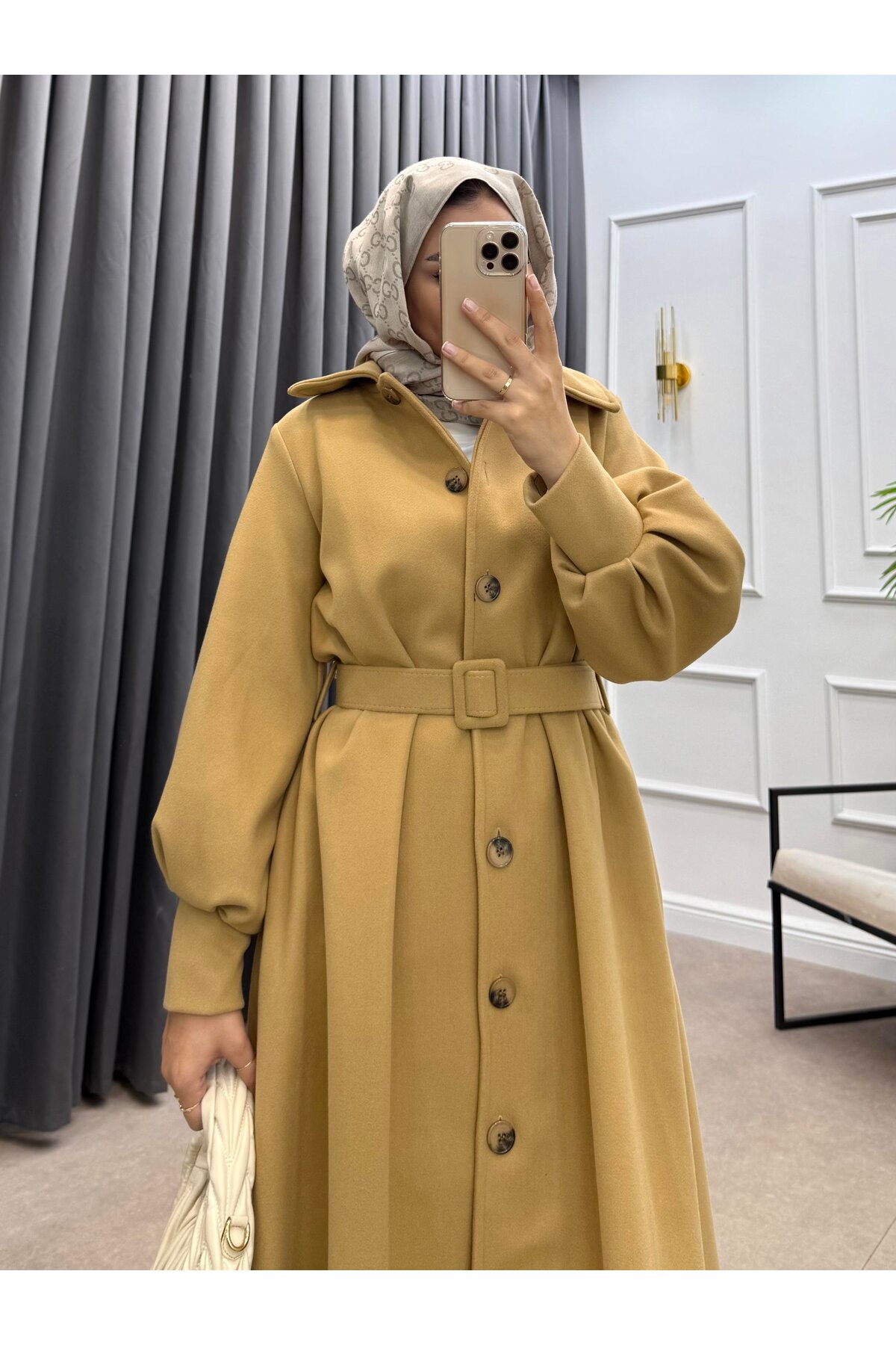 bezenstore Kol Manjetli Kaşe Kaban Camel görsel 2