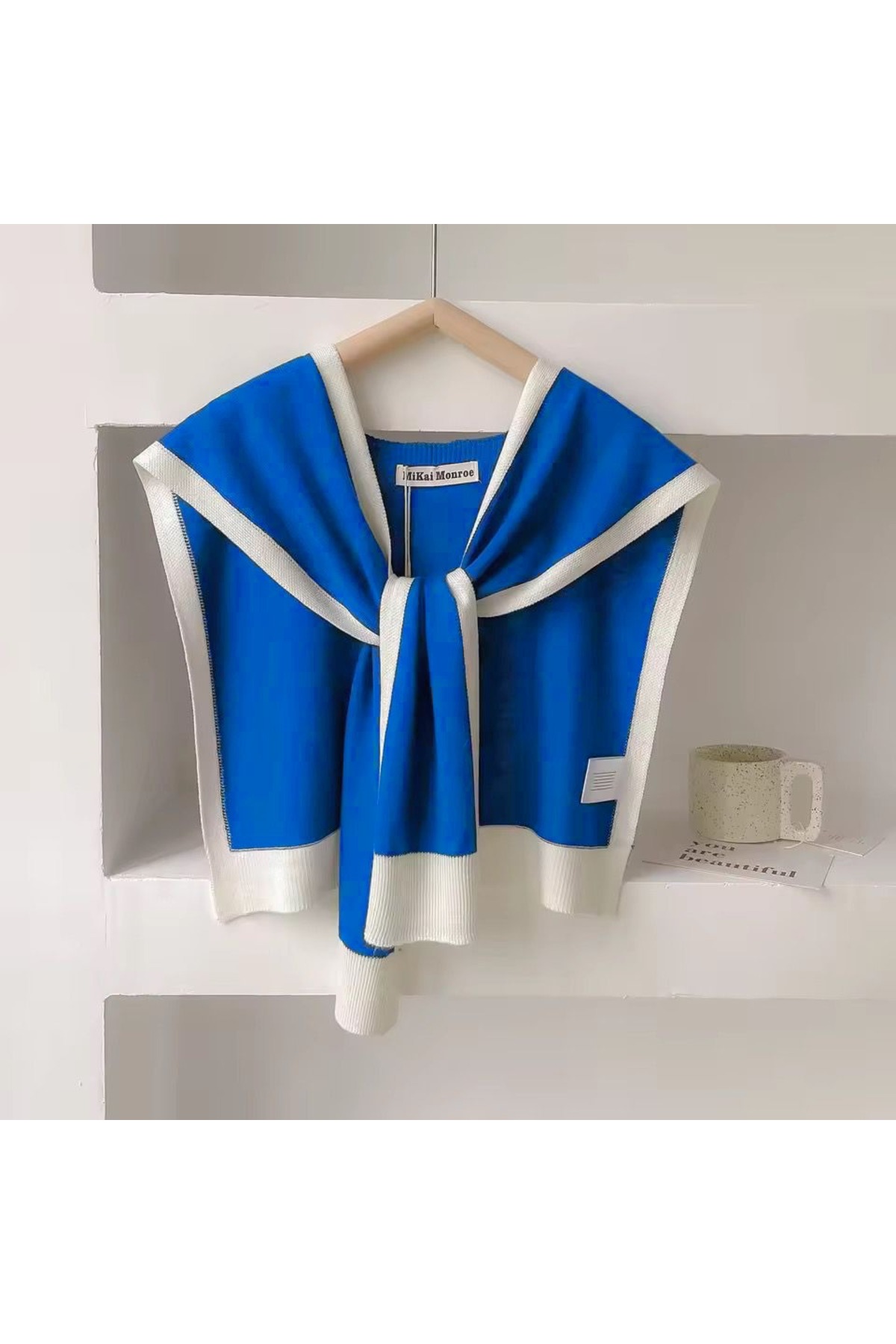 ElevaGlam Yeni Stil Triko Omuz Şalı Mavi Beyaz Desenli