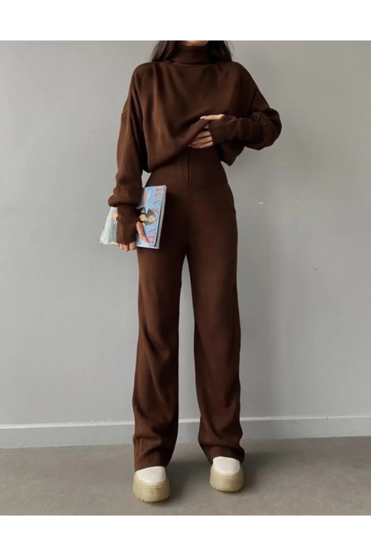 Women's Knitwear High Waist Elastic Pants Turtleneck Finger Detailed Sweater Thinky Set
