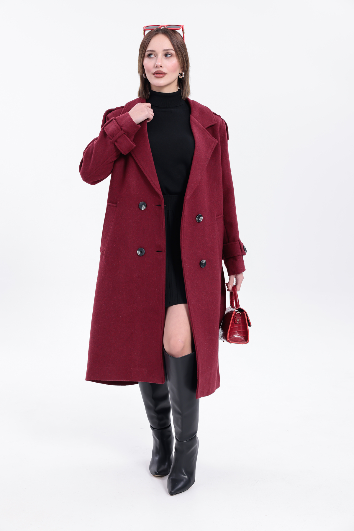 My Loore  Morena Regular Fit Bordo Düğmeli Uzun Kaşe Kaban (Yeni Sezon) - Görsel 5