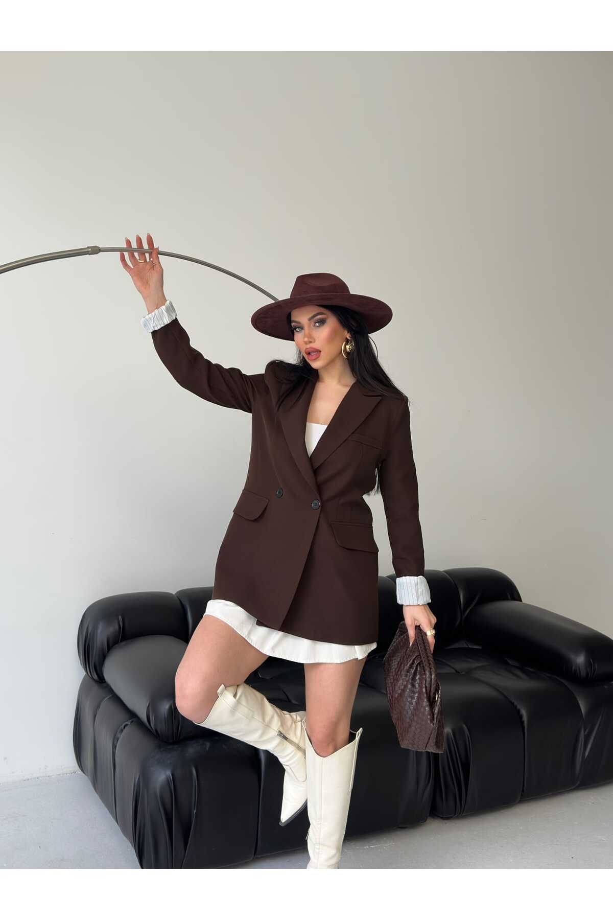 MYGİYİMİSTANBUL  Blazer Ceket Kadın-Düğme Detay Çizgili İç Astar Blazer Ceket - Görsel 5