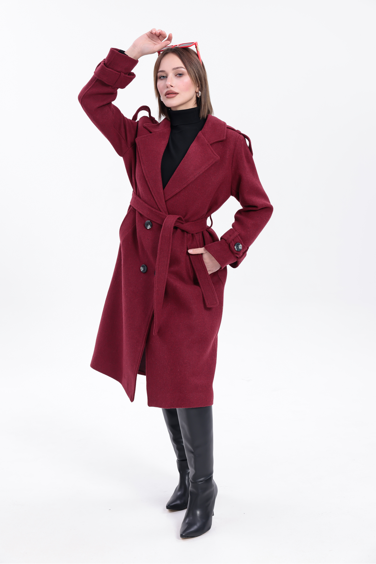 My Loore  Morena Regular Fit Bordo Düğmeli Uzun Kaşe Kaban (Yeni Sezon) - Görsel 7