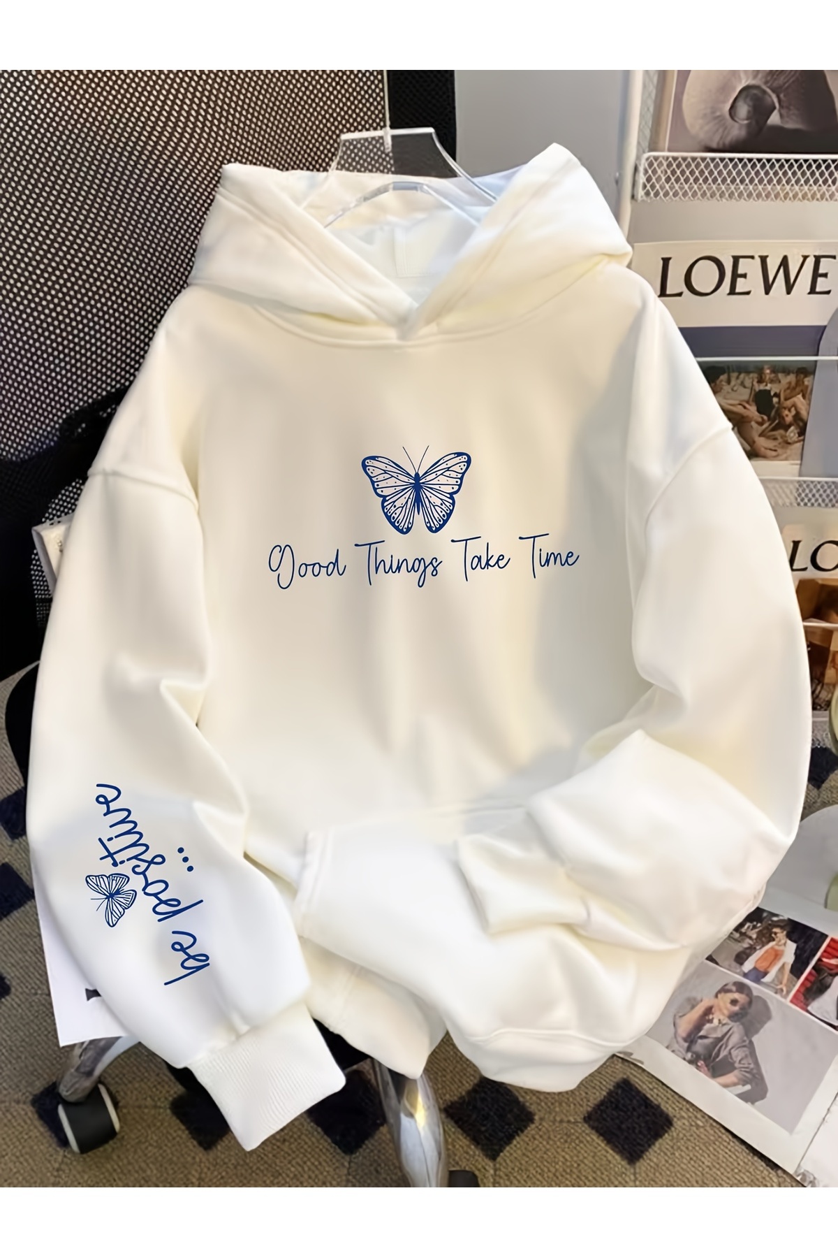 Deocept  Unisex Kelebek Baskılı Kapüşonlu Kanguru Cepli Rahat Kalıp Oversize Kesim Sweatshirt