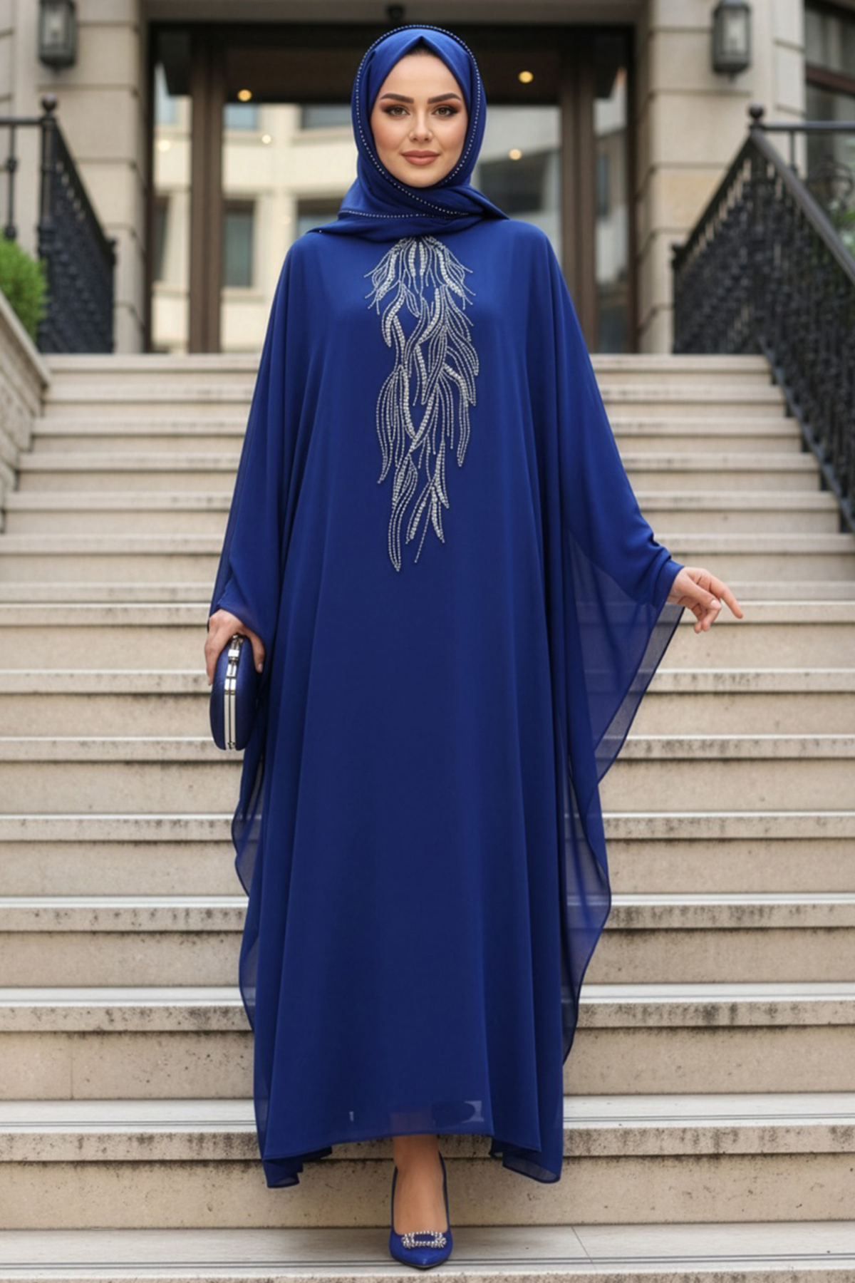 N.S NEVA STYLE Panço Detaylı Sax Mavisi Tesettür Abaya 25914SX