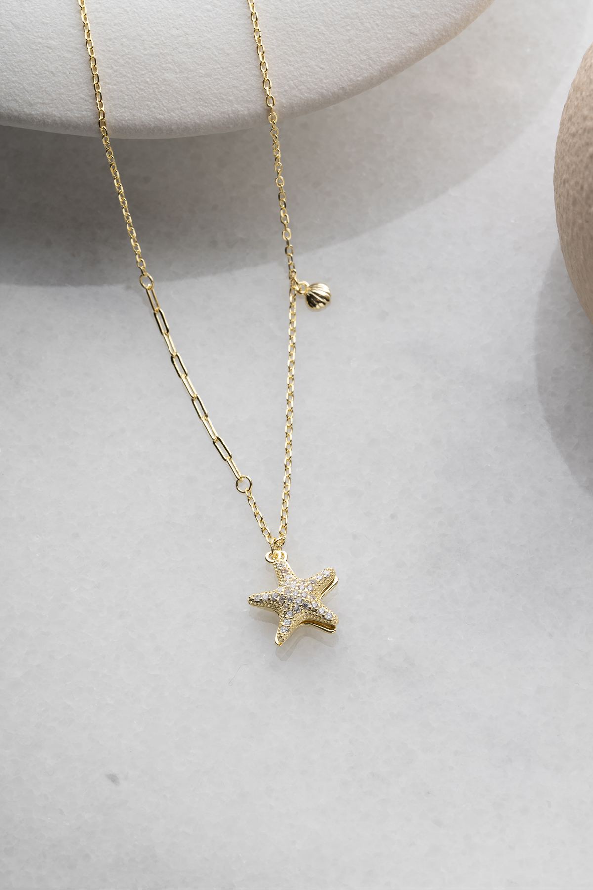Silvano Jewelry 925 Ayar Gümüş Altın Kaplama İncili Deniz Yıldızı Kolye görsel 2