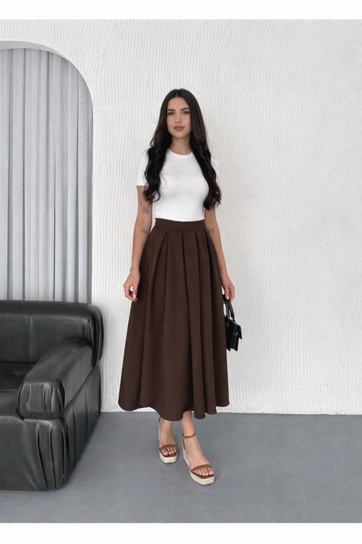 Winmoda34  TESETTÜR DABIL KUMAŞ PİLELİ TAM BOY UZUN ETEK - Görsel 4