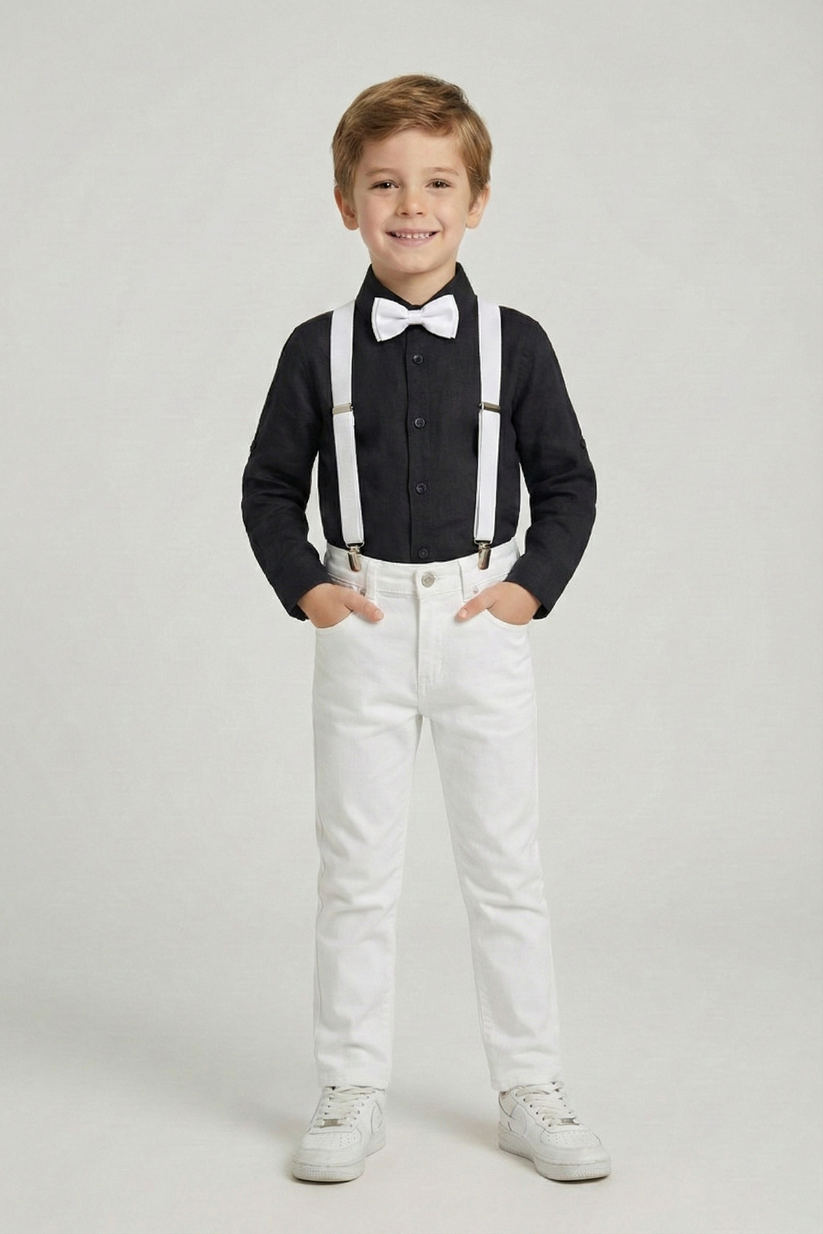Boys Black Long Sleeve Shirt White Pants White Strap Bow Tie Set 23 April 29 October