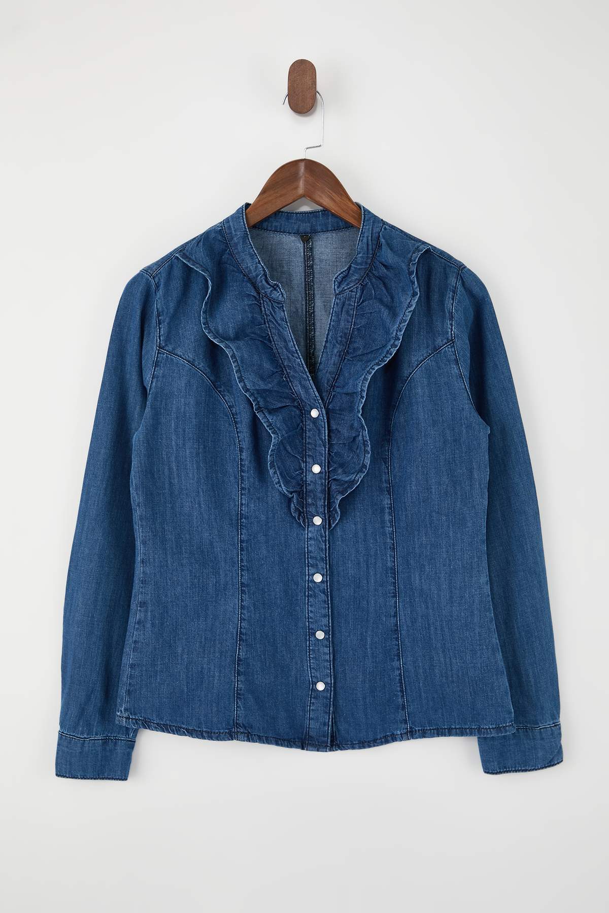 Trendyolmilla  Mavi Bebe Yaka 100% Pamuk Denim Gömlek TWOSS26GO00027 - Görsel 5