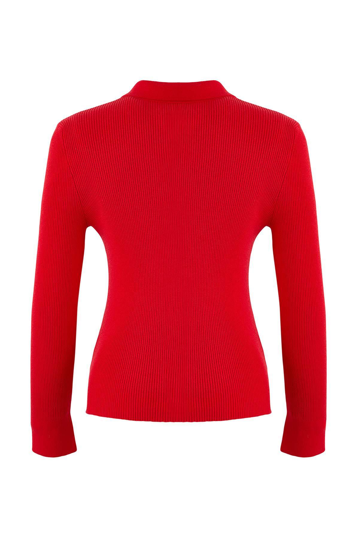 Trendyolmilla  Wardrobe Essentials Kırmızı Premium İplik Polo Yaka Triko Hırka | TWOAW26HI00225 - Görsel 7