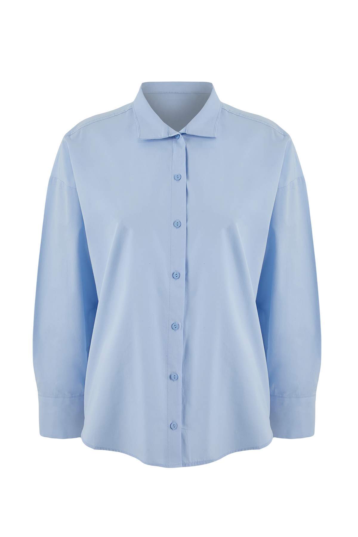 Trendyolmilla  Trendyol Studio Açık Mavi Oversize Asimetrik Pamuklu Poplin Gömlek TWOAW26GO00106 - Görsel 2