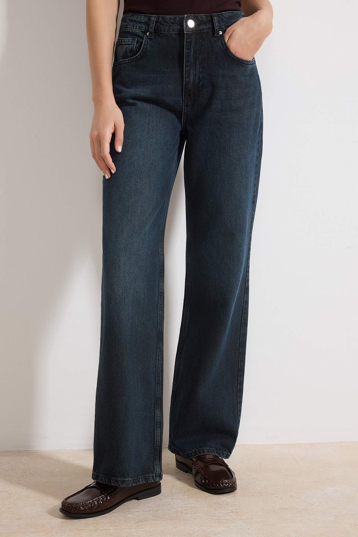 Trendyolmilla  Koyu Mavi Yüksek Bel Wide Leg Jeans TWOAW26JE00228 - Görsel 3