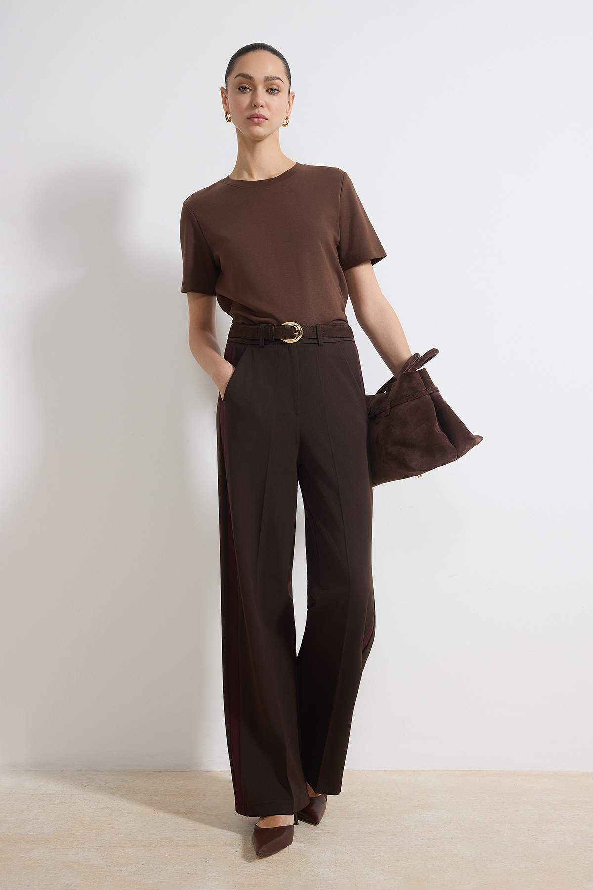 Trendyolmilla  Kahverengi Bordo Çizgili Kalın Tuşeli/Kışlık Dokuma Pantolon TWOSS26PL00013 - Görsel 2