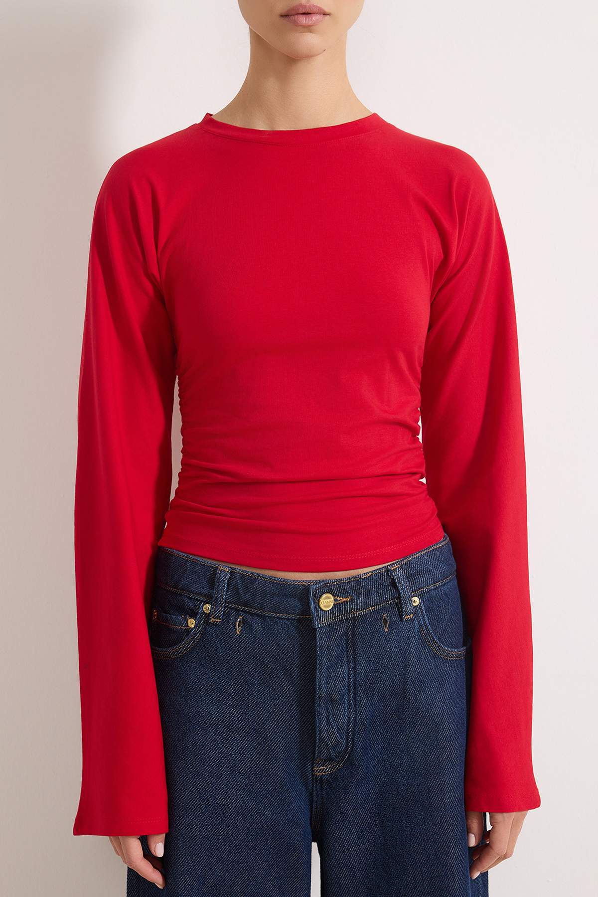 Trendyolmilla  Kırmızı İspanyol Kol Büzgü Detaylı Regular/Normal Kalıp Örme Bluz TWOAW26BZ00293 - Görsel 7