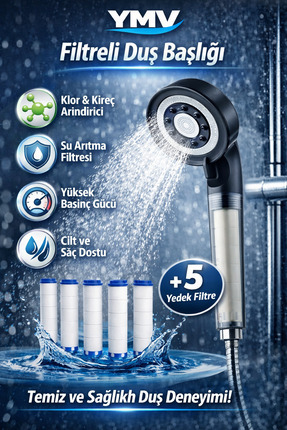 YMV Filtreli Kireç Arındırıcı Duş Başlığı | 5 Yedek Filtreli, Klor Azaltıcı, ...