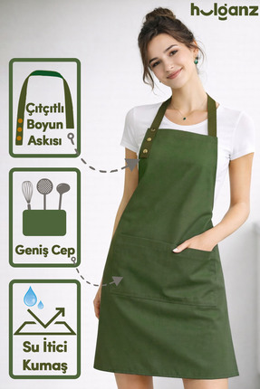 Hulganz Mutfak Önlüğü Leke Tutmaz Su itici Kumaş Çıtçıtlı Boyun Askılı Haki Y...