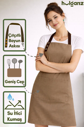 Hulganz Mutfak Önlüğü Leke Tutmaz Su itici Kumaş Çıtçıtlı Boyun Askılı Kahver...