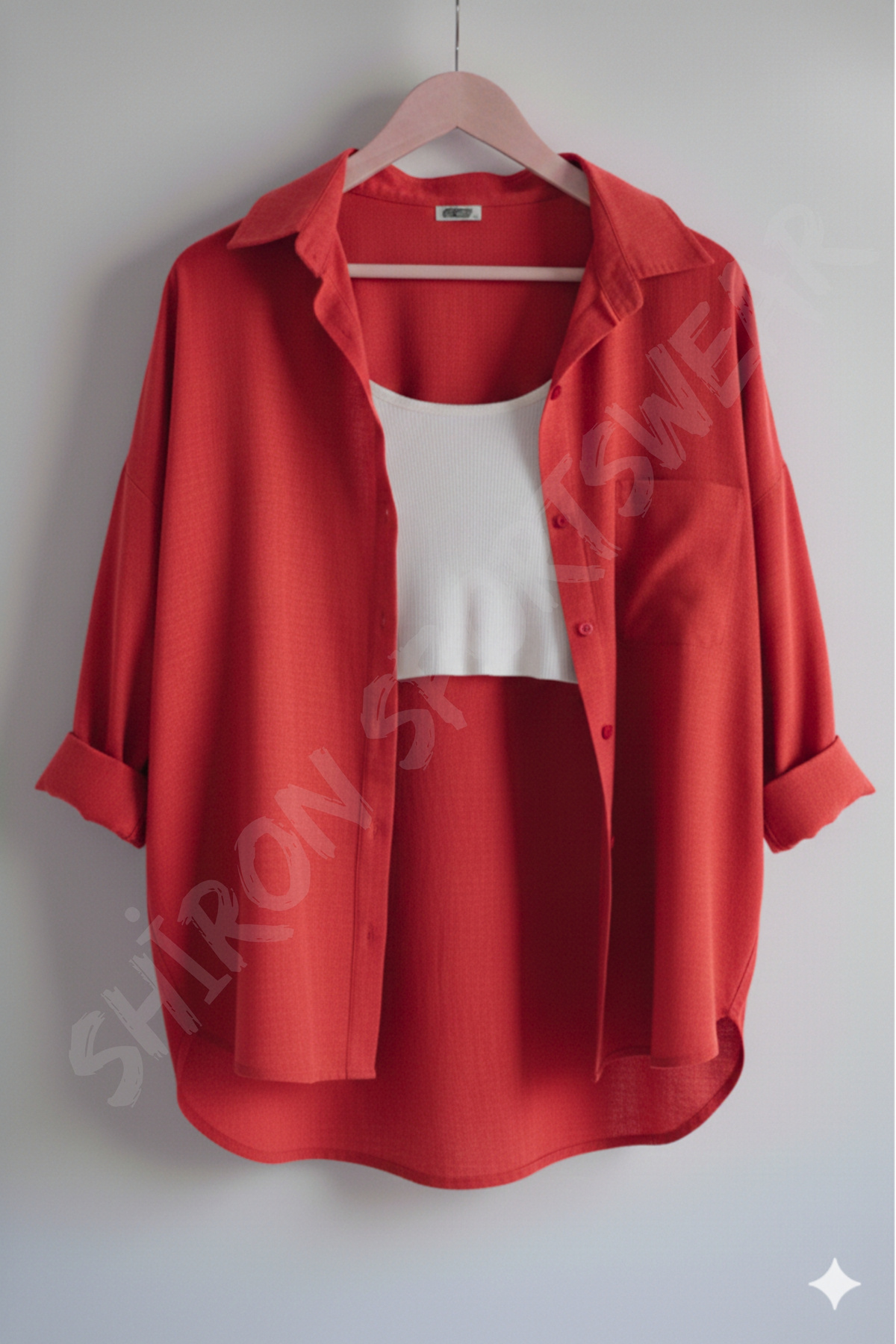 Shiron Sportswear&Company  Kadın Kırmızı Oversize Keten Gömlek %100 Pamuk