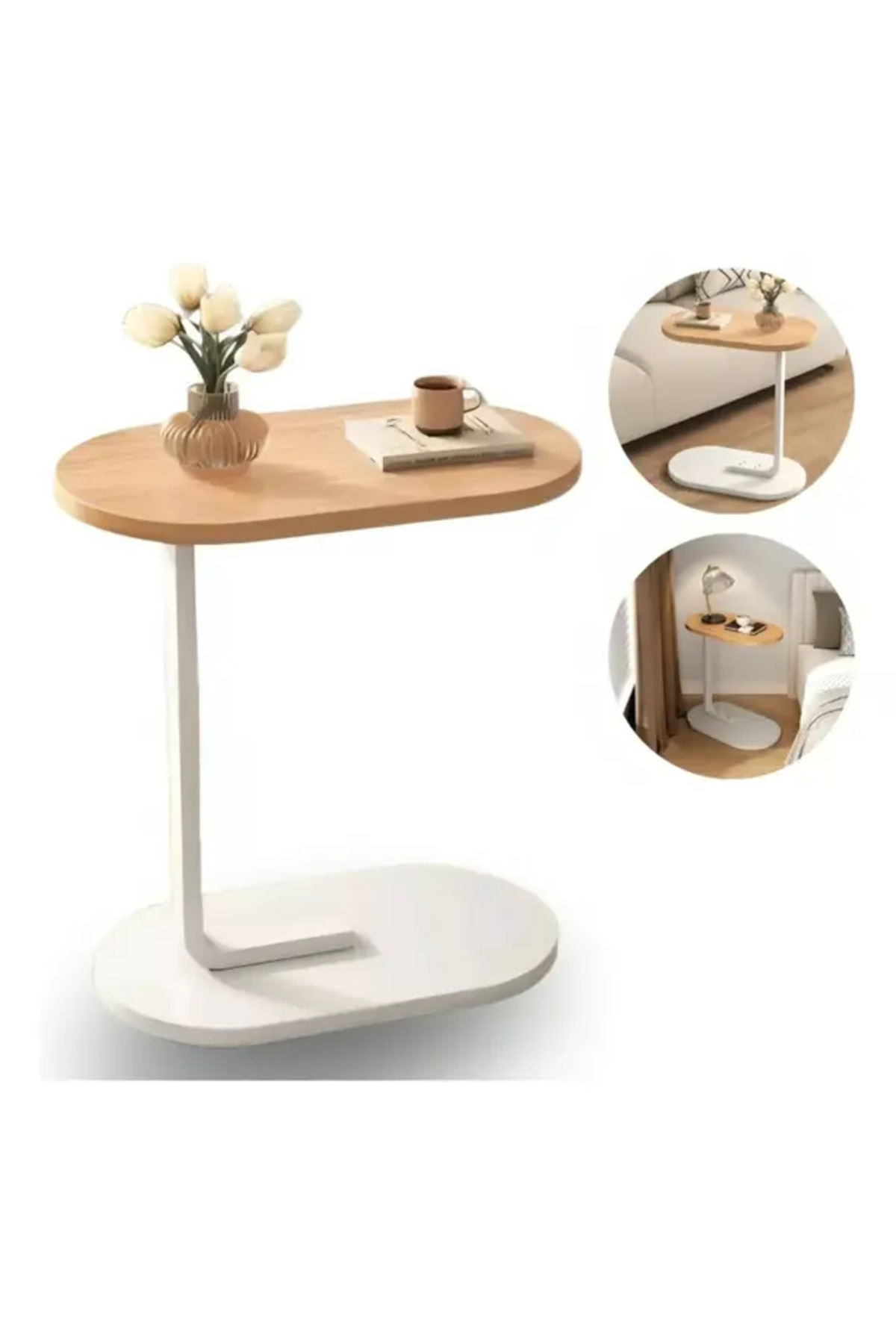 طاولة قهوة عصرية من ان زون أربع قطع | طاولة جانبية على شكل حرف C بسطح خشبي وإطار معدني أبيض