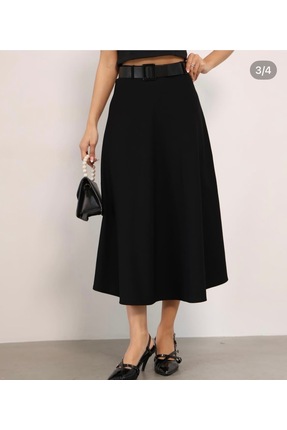 Moda Banuş Siyah Kloş Ara Boy Midi Kemerli Etek