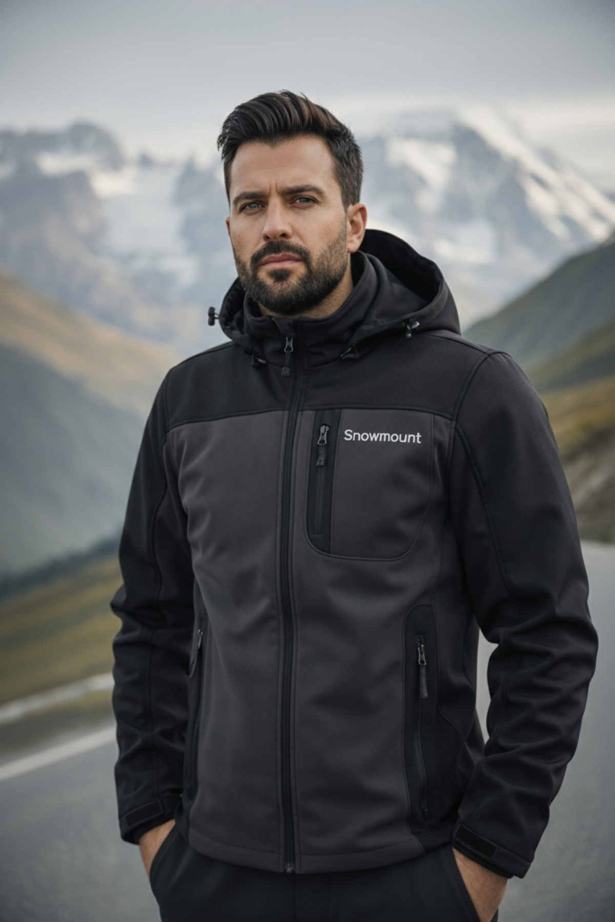 SNOWMOUNT Siyah Antrasit Renk Softshell Sök Tak Kapüşonlu Kışlık Polarlı Mont Ceket görsel 7