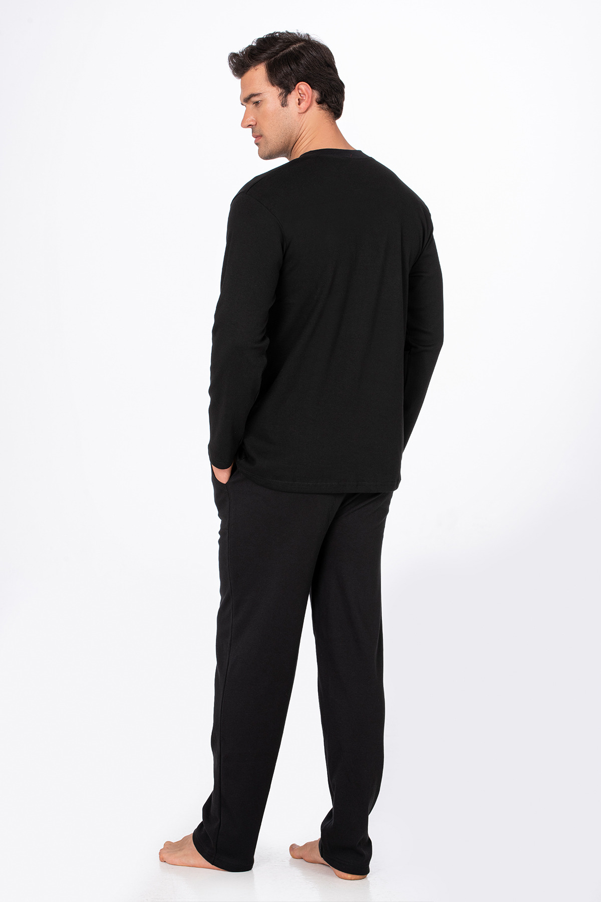 Kompedan  Erkek İnterlok Pamuklu Düğmeli Yaka Pijama Takımı | Siyah 030 - Görsel 3