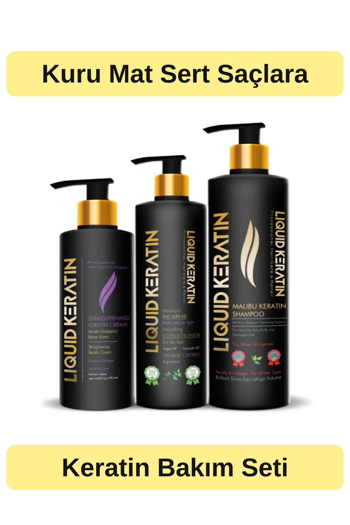 Liquid Keratin Saç Düzleştirici (3'lü) Keratin Bakım Seti - Kabaran Kuru Sert Saçlar İçin (Şampuan+Krem+Keratin) — DZLT00424