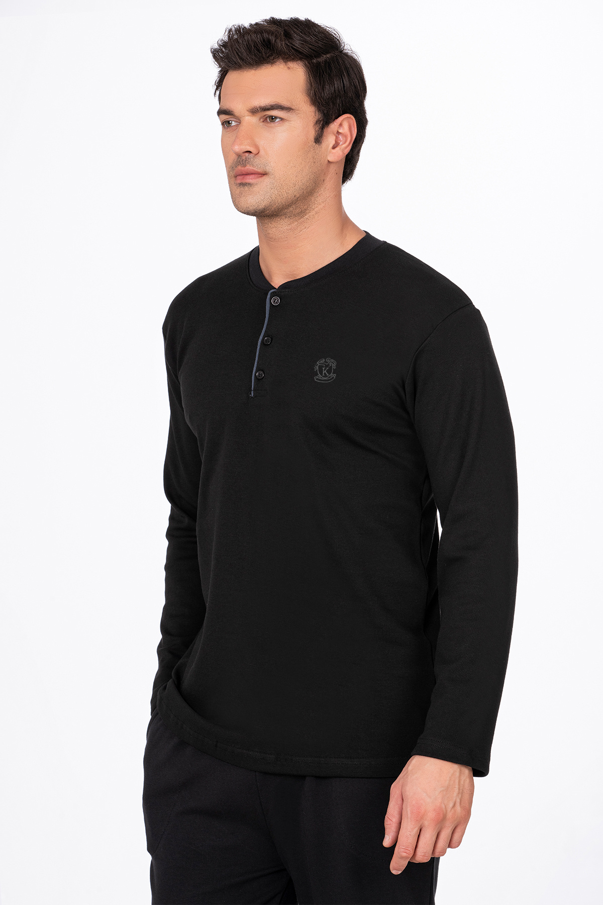 Kompedan  Erkek İnterlok Pamuklu Düğmeli Yaka Pijama Takımı | Siyah 030 - Görsel 2