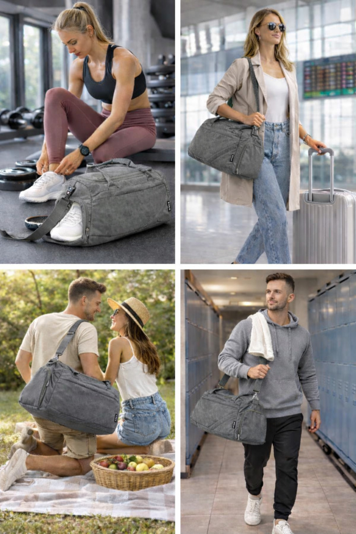 KAFF  Gri Krinkıl Kumaş Ayakkabı Bölmeli 0818 Önü Cepli Su Geçirmez Omuz Askılı Spor Ve Seyahat Çantası - Görsel 6