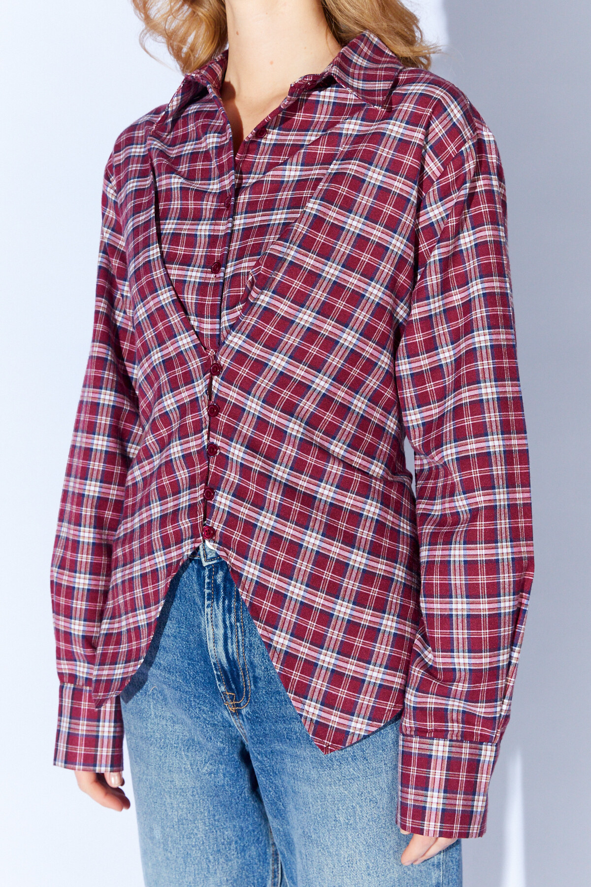Manche  Bordo Ön bağlama Detaylı Ekose Gömlek |MKS1610715-1 - Görsel 5