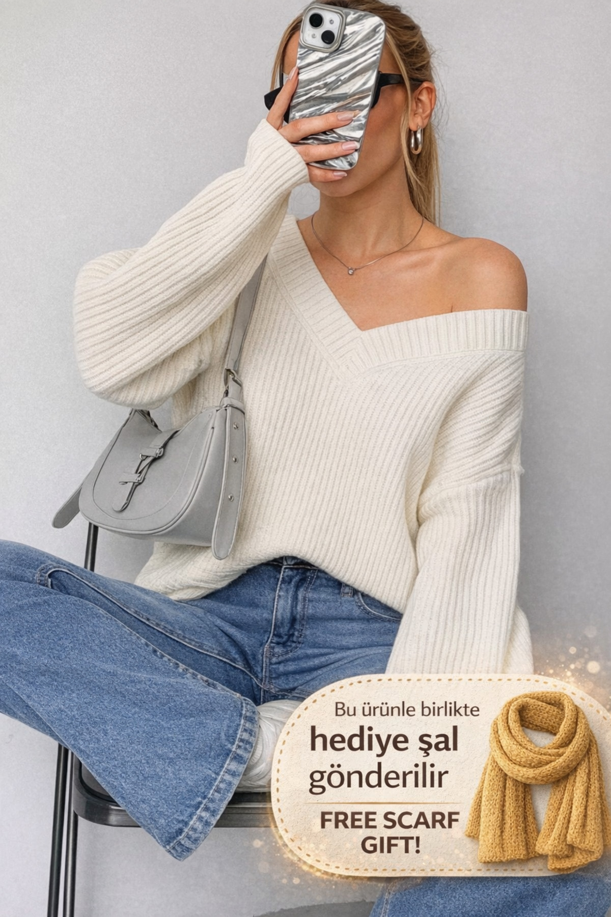 YUGA KNİTTİNG  KADIN DÖKÜMLÜ V YAKA SELANİK ÖRGÜ BASİC KAZAK