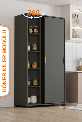 Aeka LUNA Antrasit Döner Çok Amaçlı Dolap – Raflı Mutfak ve Kiler Dolabı