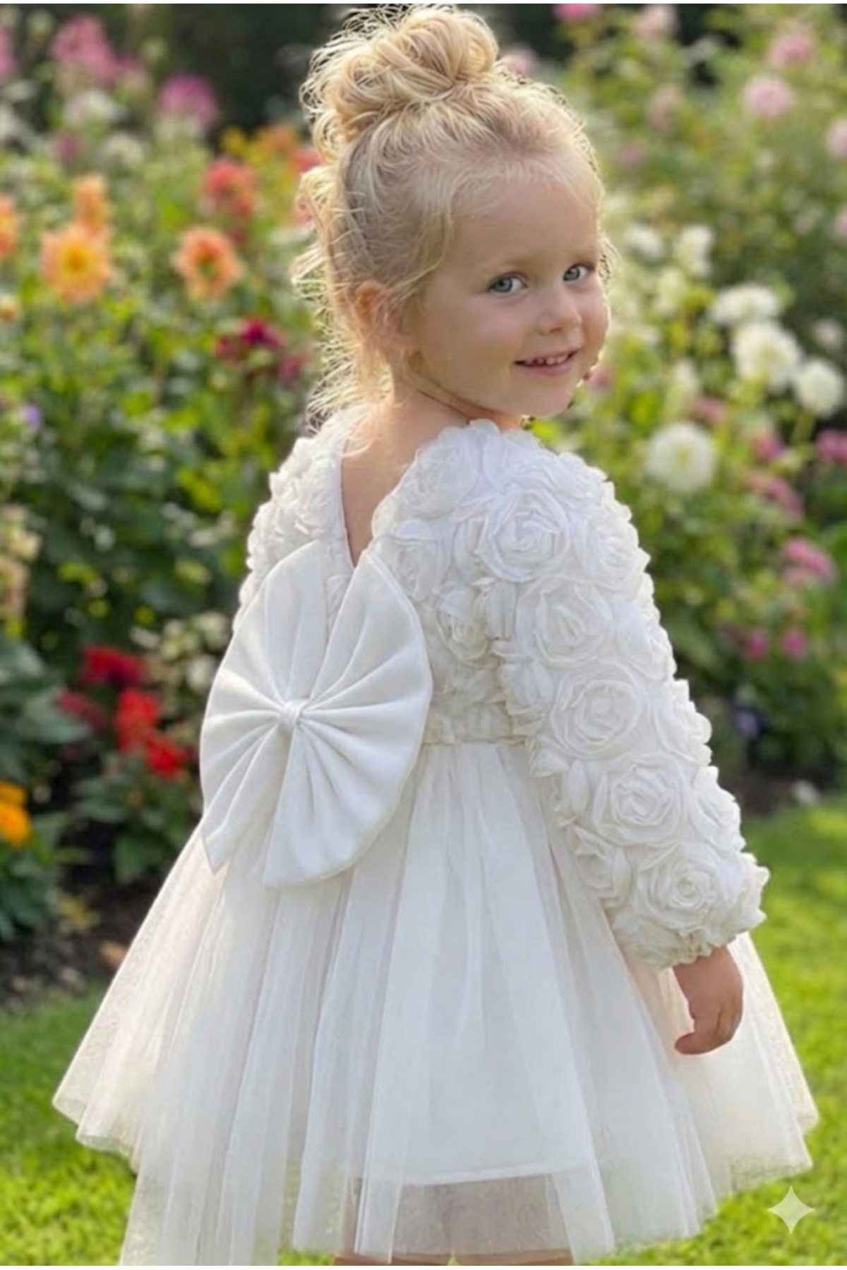 ALYRA Kız Bebek Elbise Uzun Kollu Fiyonklu Güllü Doğum Günü Parti Düğün Özel Gün Abiye Kız Çocuk Elbise fotoğrafı 4 (önizleme)