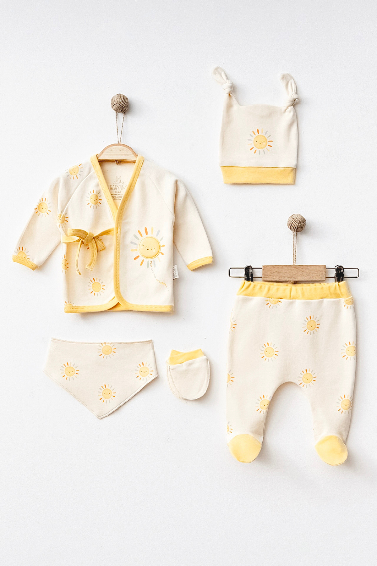 BABYLİM Unisex Bebek Hastane Çıkışı Güneş Desenli Yandan Bağlamalı %100 Pamuk 5 Li Yeni Doğan Seti 0-3ay fotoğrafı 4 (önizleme)