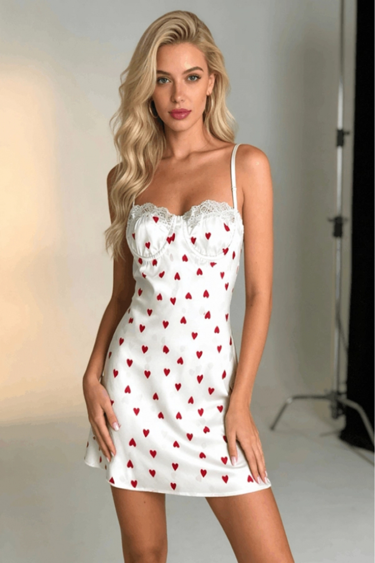 Gece İncisi Göğüs Dantel Detaylı Kalp Baskılı Saten Gecelik