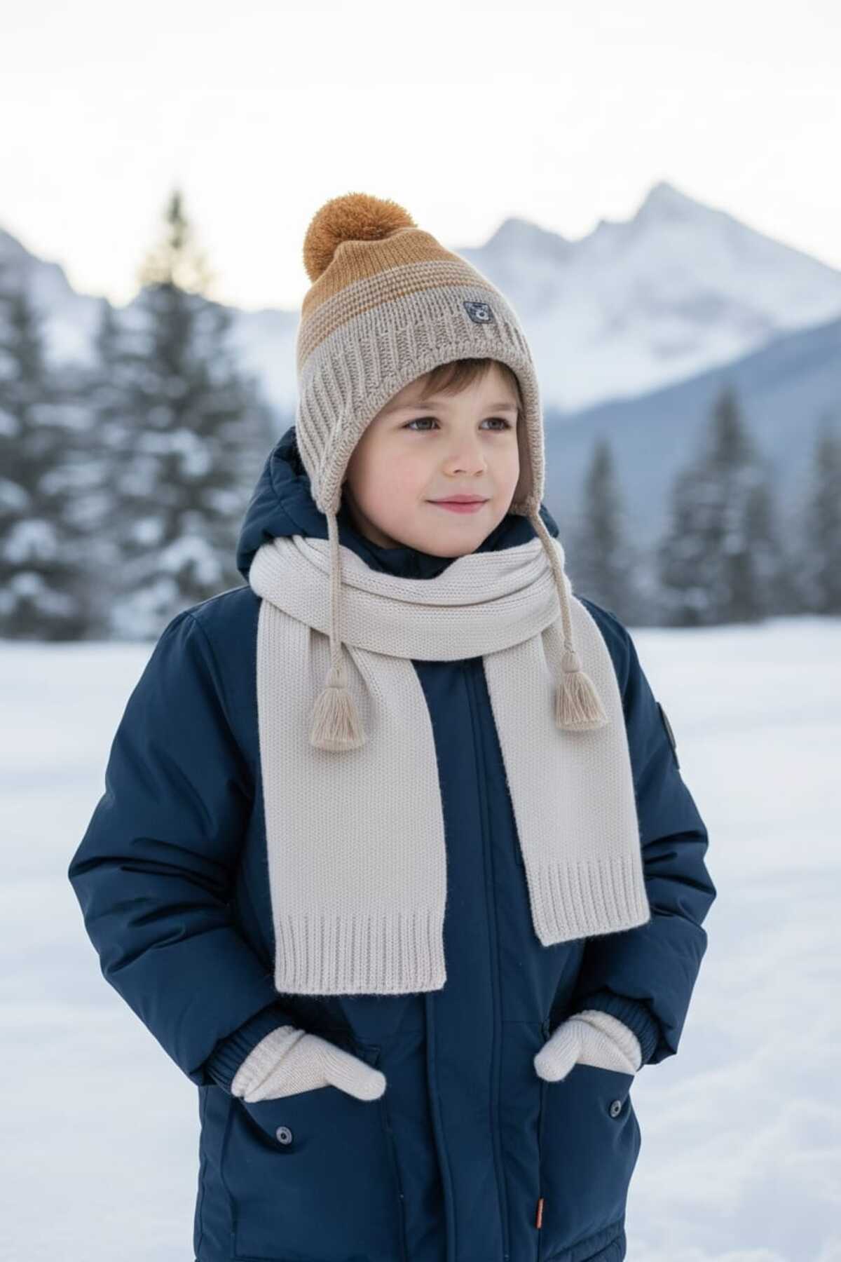 Kitti 4-8 Yaş Erkek Bebek & Çocuk Atkı Bere Eldiven 3'lü Takım fotoğrafı 2 (önizleme)