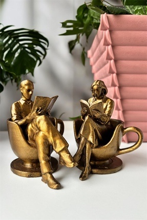 DENGE Kitap Okuyan ve Kahve Temalı Dekoratif Kadın-Erkek 2'li Set