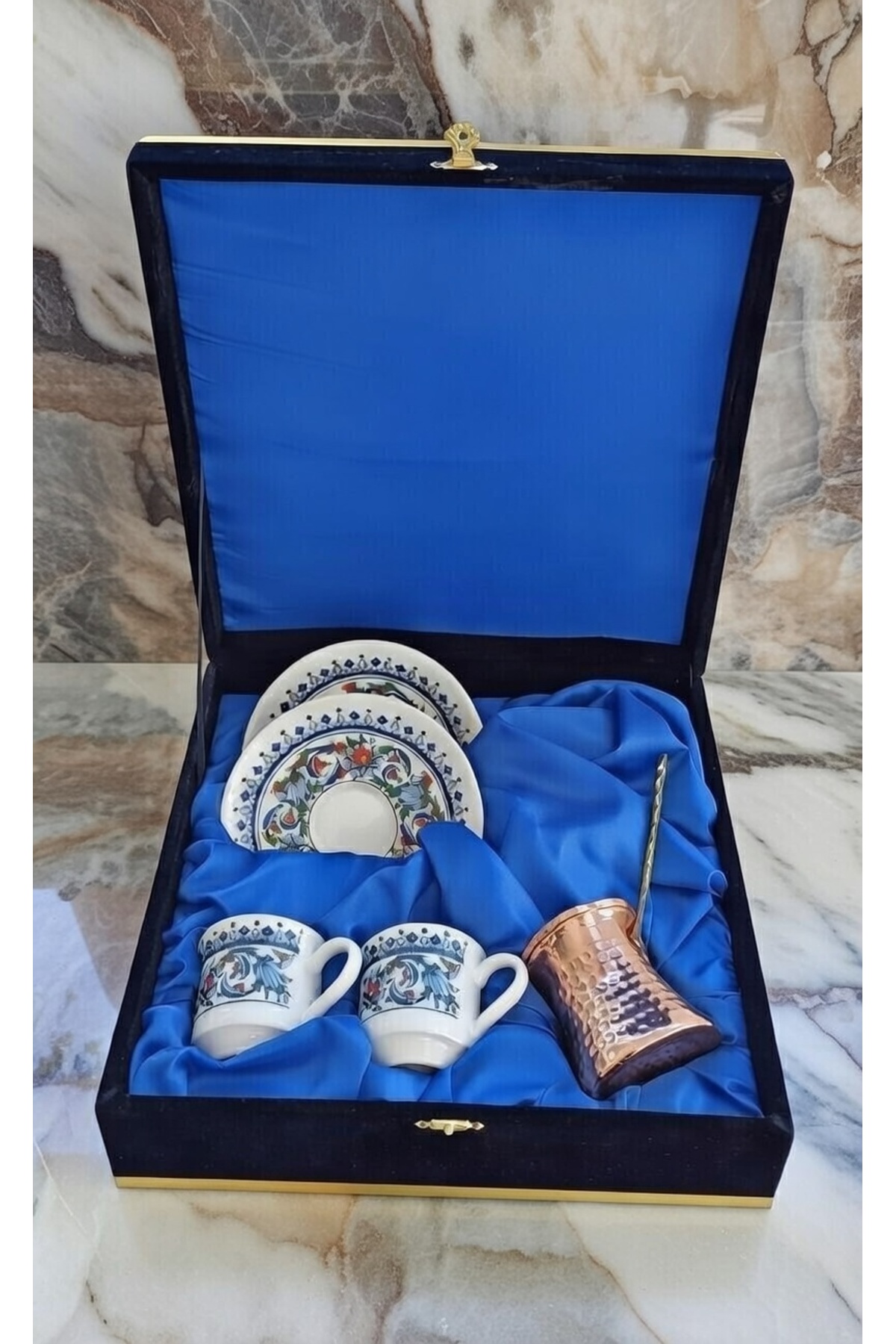 Velvet Boxed Copper Coffee Pot Topkapı Porcelain Cup Set