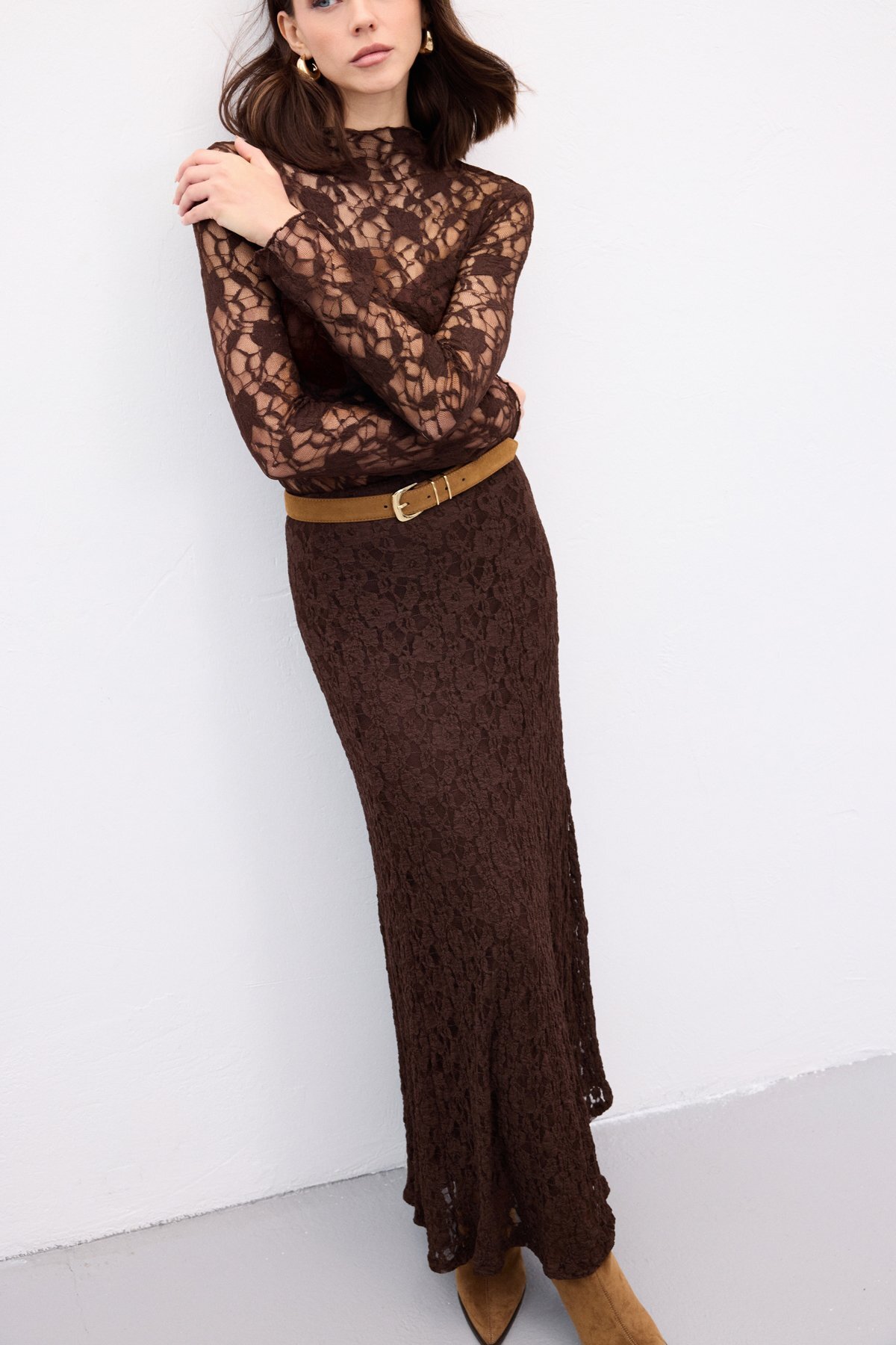 Sateen  Dantelli Uzun Etek - Kahve - Görsel 3