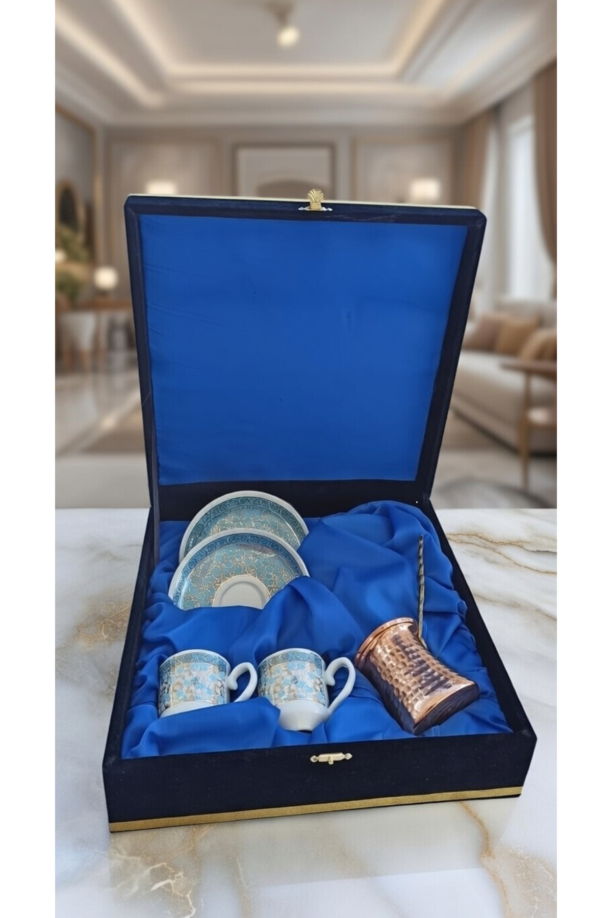 Velvet Boxed Copper Charm Gilded Double Porcelain Cup Set