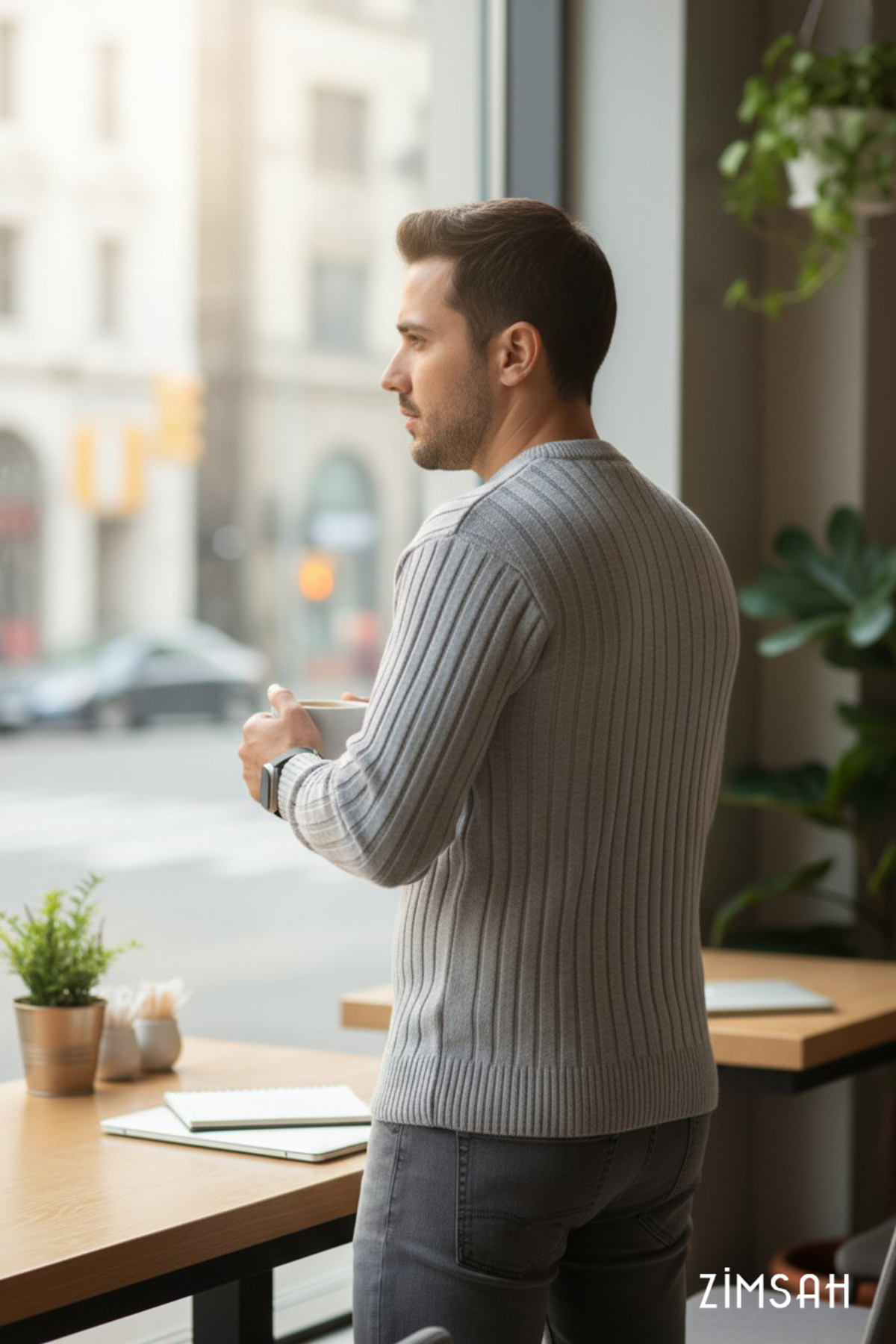 Zimsah  Erkek Kazak Triko Kazak Gri Kazak Slim Fit - Görsel 3